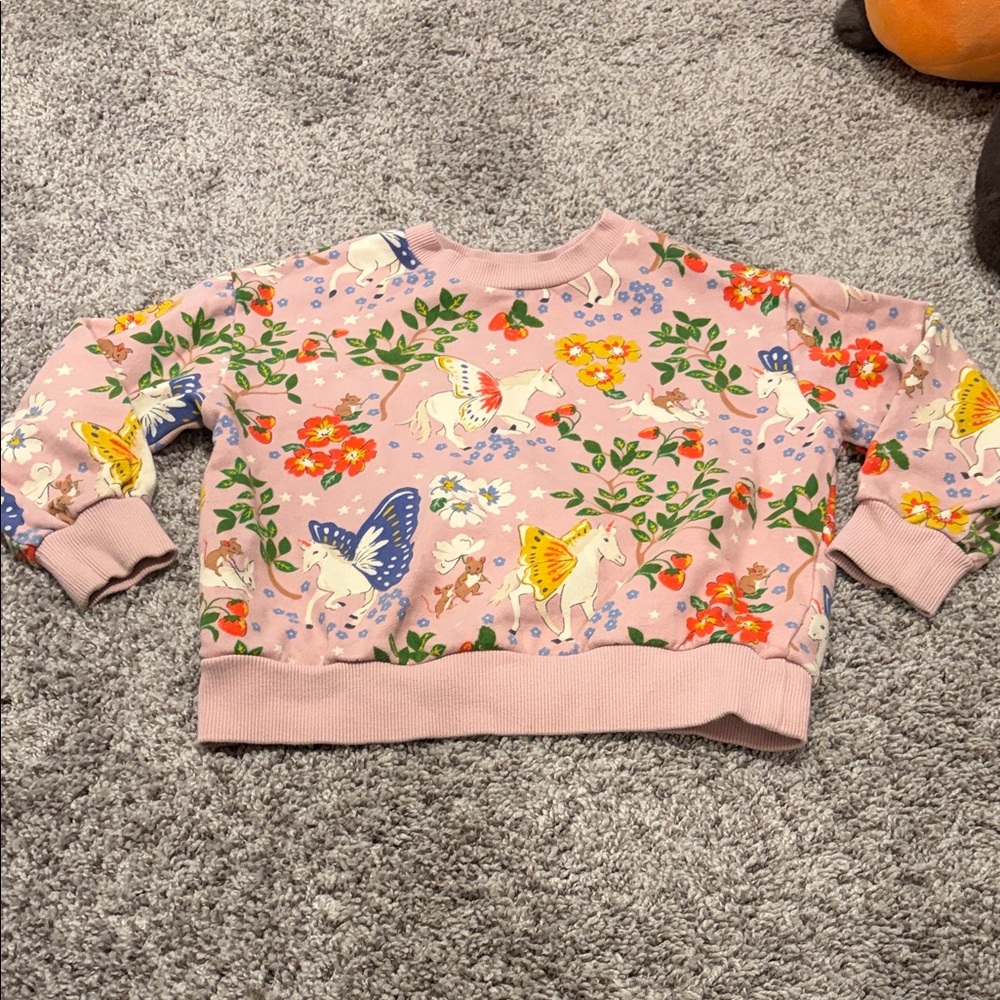 VGUC Mini Boden Printed Relaxed Sweatshirt Vintage Pink Enchanted Unicorn Sz 5/6 - Picture 2 of 8